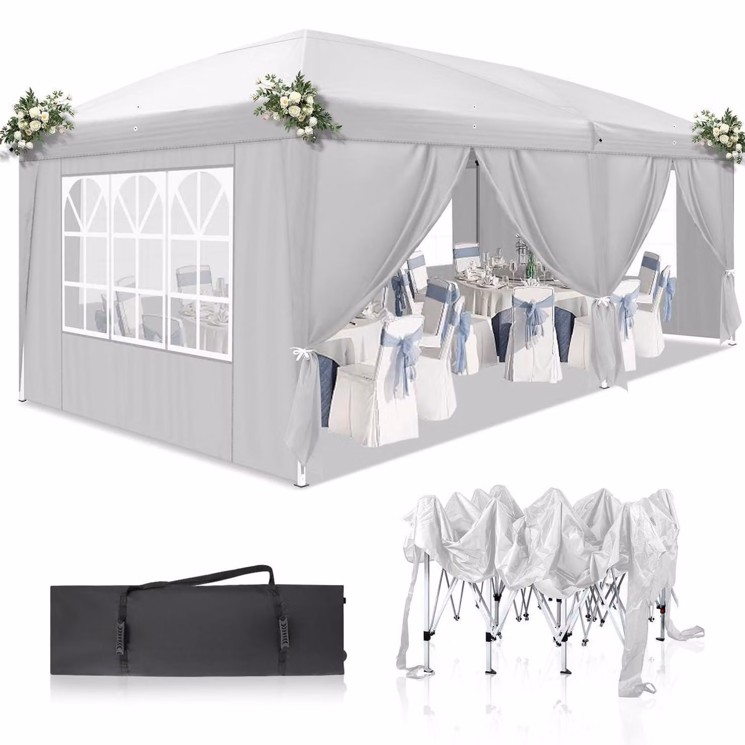 Gazebo da esterno 3x6 metri, colore bianco, con 6 pannelli laterali, impermeabile, protezione UV 50+, tessuto Oxford 420D