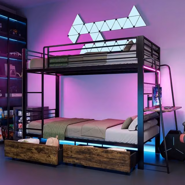 Letto a soppalco con scrivania ¨C Minimal ¨C 90x200 cm metallo nero con cassetti LED