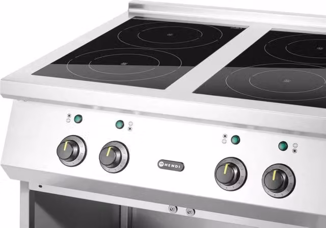 Fornello a induzione elettrico HENDI a 4 fuochi da appoggio in acciaio inox e vetro, colore argento, L: 85,4 cm, P: 80,0 cm, H: 56,0 cm