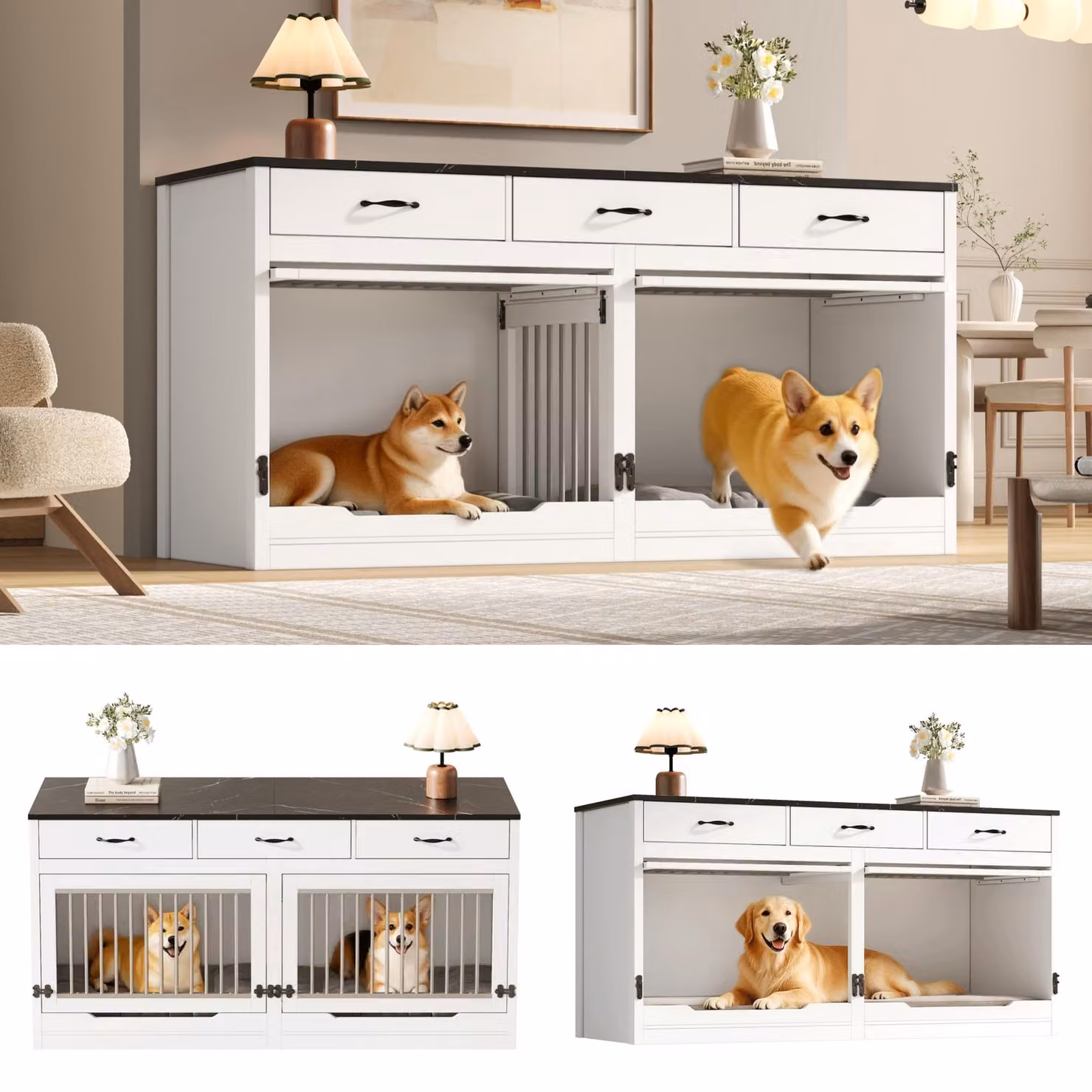 Cuccia per cani Flieks con 3 cassetti e 2 ante, gabbia per cani con divisorio rimovibile, gabbia per 2 cani, XXL, 164x60x81 cm, nera