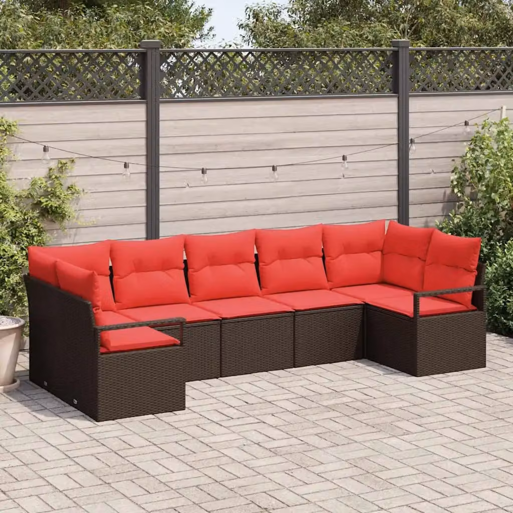Set di divani da giardino vidaXL in rattan marrone con cuscini e tavolino da esterno 7 pezzi