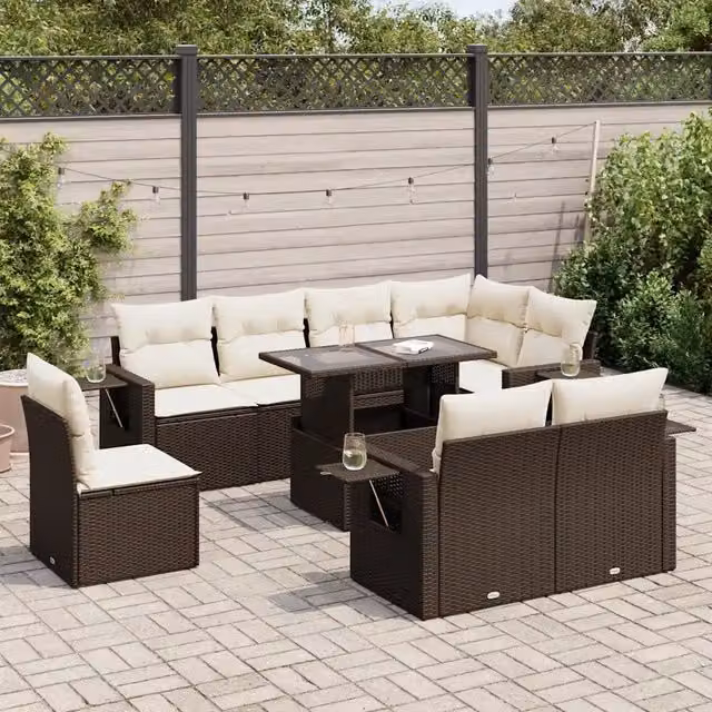 Set Divani da Giardino 9pz con Cuscini Marrone in Polyrattan 3326504