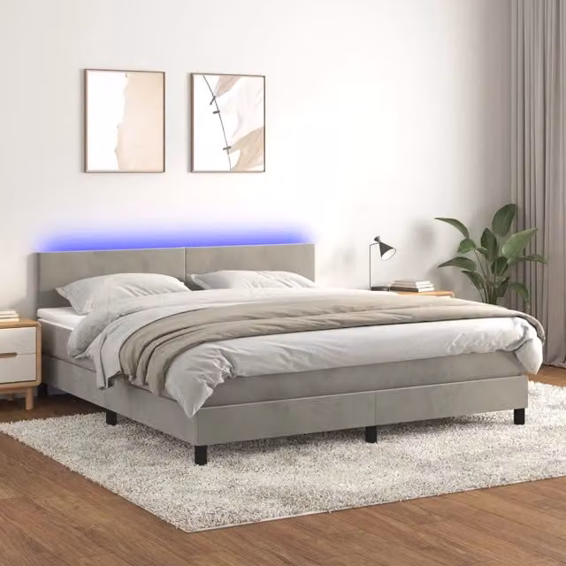 Letto matrimoniale con materasso ibrido vidaXL in velluto grigio chiaro con illuminazione LED e porta USB L/P/H: 160 x 200 x 78 cm – 1