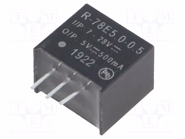 1x Convertitore DC/DC. Tensione di ingresso: 7÷28V. Modello: SIP3 R-78E5.0-0.5. Convertitore DC/DC, potenza: 2,5W, corrente di uscita: 500mA