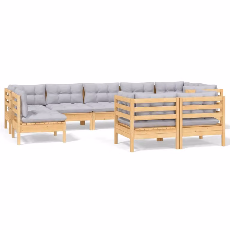 Set Divani da Giardino 9 pz con Cuscini Grigi Massello di Pino