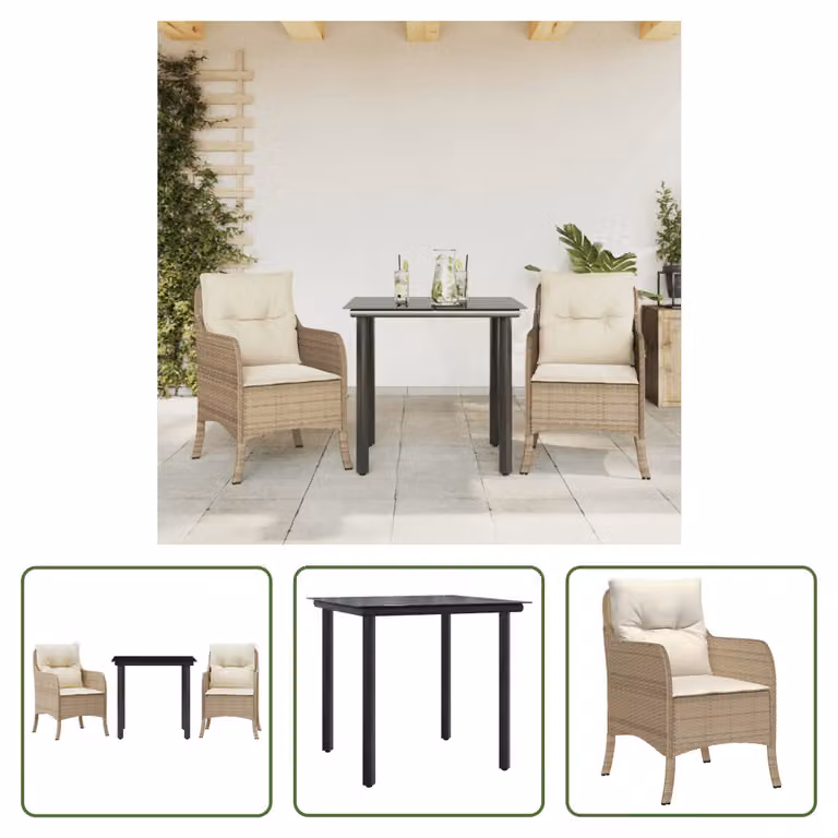 The Living Store Set da pranzo da giardino 3 pezzi con cuscini Beige poly rattan