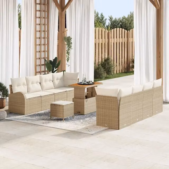 Set Divano da Giardino vidaXL 11 pz in Polyrattan e Legno di Acacia Beige – 1