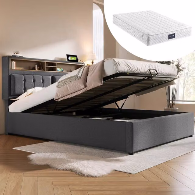 Letto contenitore matrimoniale 140 × 200 cm con prese, USB e Type-C, materasso incluso, in lino grigio