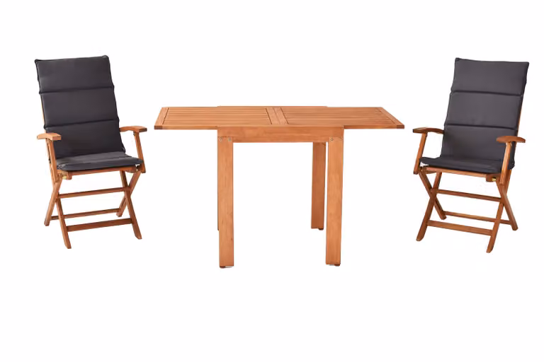Set di mobili da giardino Merxx Comodoro 5 pezzi, 2 poltrone pieghevoli, 2 cuscini, 1 tavolo allungabile 65 (130) x 70 cm - Eucalipto