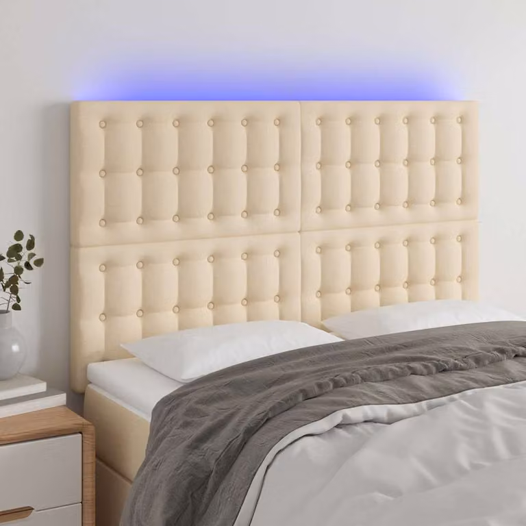 Testiera per letto vidaXL in tessuto beige con illuminazione LED e porta USB, L 144 x P 5 x H 118/128 cm