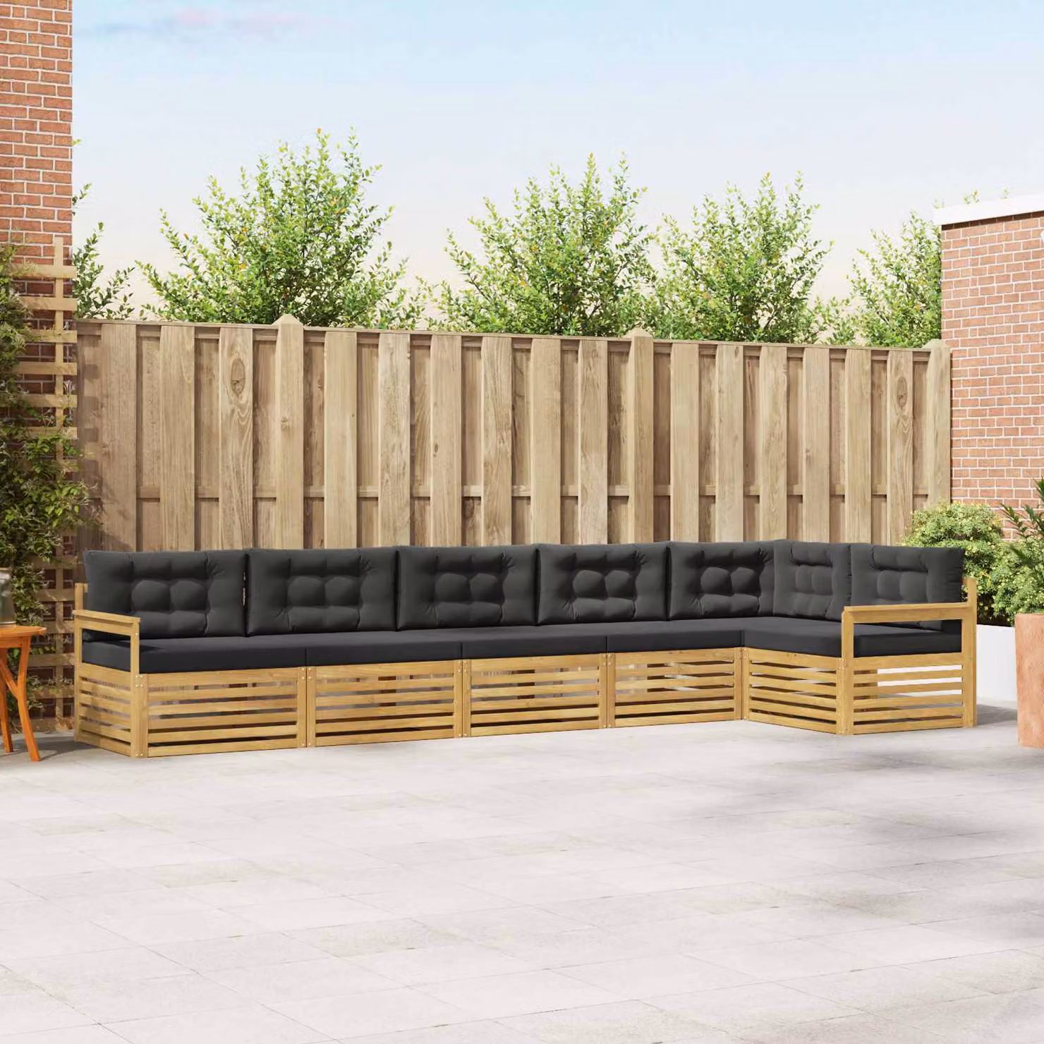 Set di divani da esterno vidaXL 6 pz a forma di L in legno di acacia con cuscini bianchi e antracite in poliestere resistente ai raggi UV