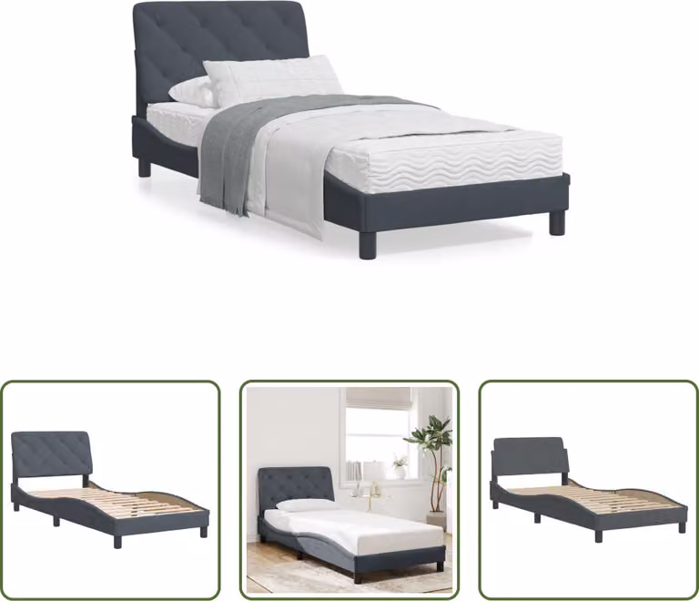 The Living Store Struttura letto con testata grigio scuro 90x190 cm in velluto
