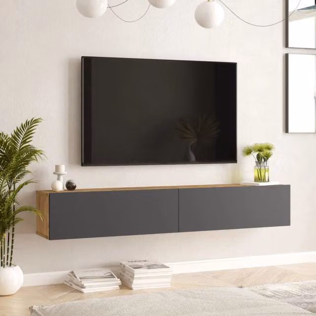 Mobile Porta TV Lapinlahti en.casa con 2 Ante a Ribalta, Consolle da Parete Moderna in Rovere e Antracite, L: 180 cm, H: 31.5 cm, P: 29.5 cm – 1