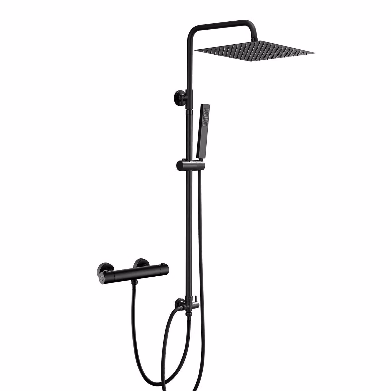 JOHO Colonna Doccia con Miscelatore Termostatico in Acciaio Inox 304, Fori Muro Regolabile con Rubinetto Pioggia e Doccetta, U-30×30cm Nero Opaco