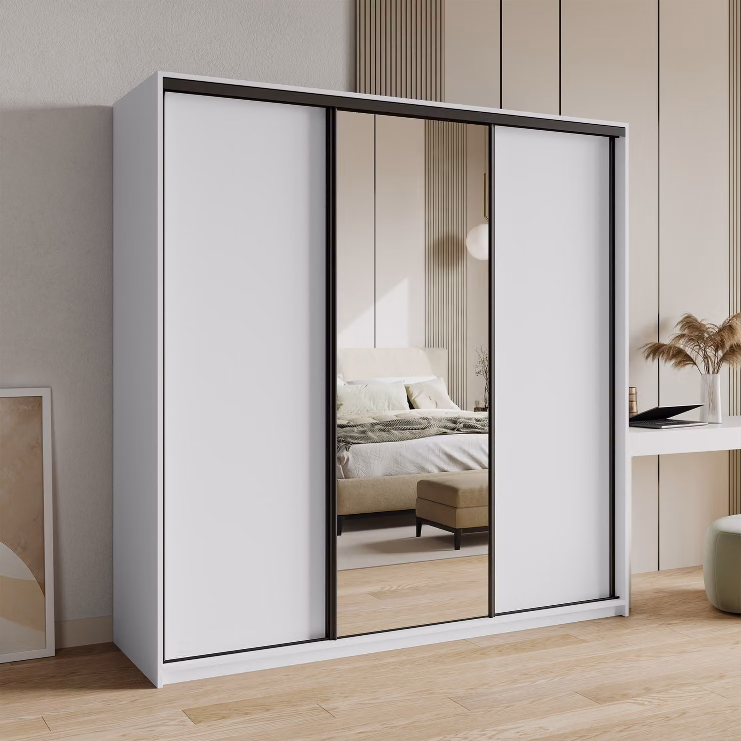 Armadio scorrevole Masseno TAVI 200/205/60 cm Armadio con cassetti Armadio per camera da letto a 3 ante con specchio Bianco + Nero