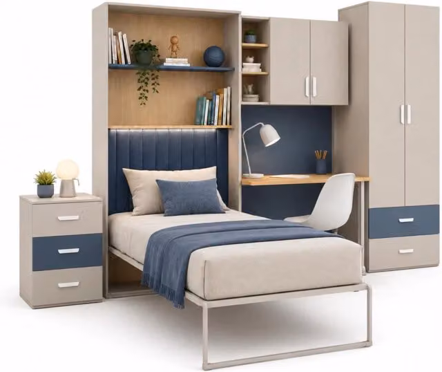 Cameretta Completa Arreditaly con Letto a Scomparsa, Scrivania, Armadio e Cassettiera in Melaminico, Colore Cashmere e Blu, L: 133 cm, P: 208.5 cm, H: 45-216 cm – 1