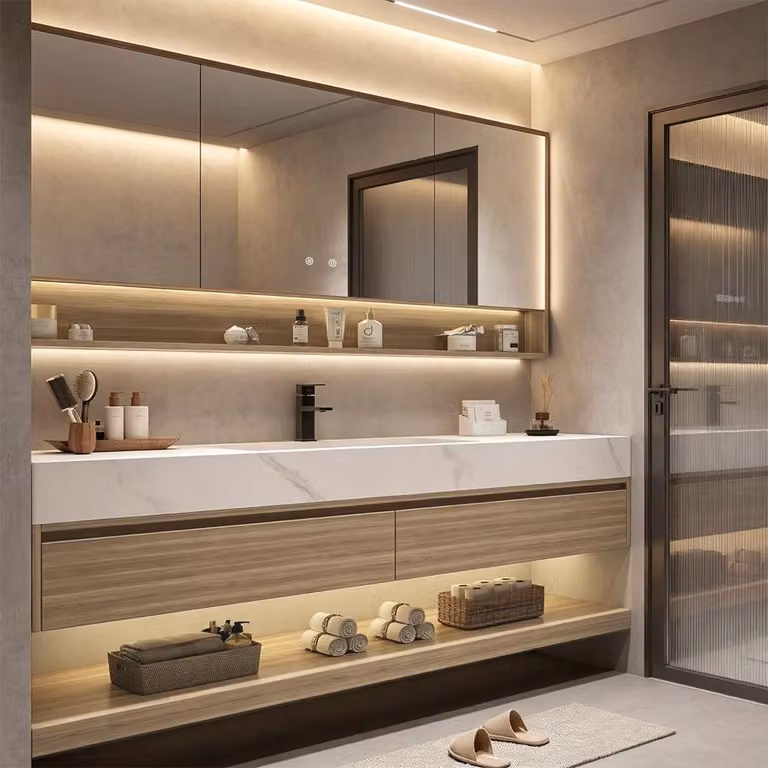 Lavabo in sinterizzata bianco, piano di lavoro con venature del legno, mobile sottolavabo, set con pensile [RW3256JG-140]