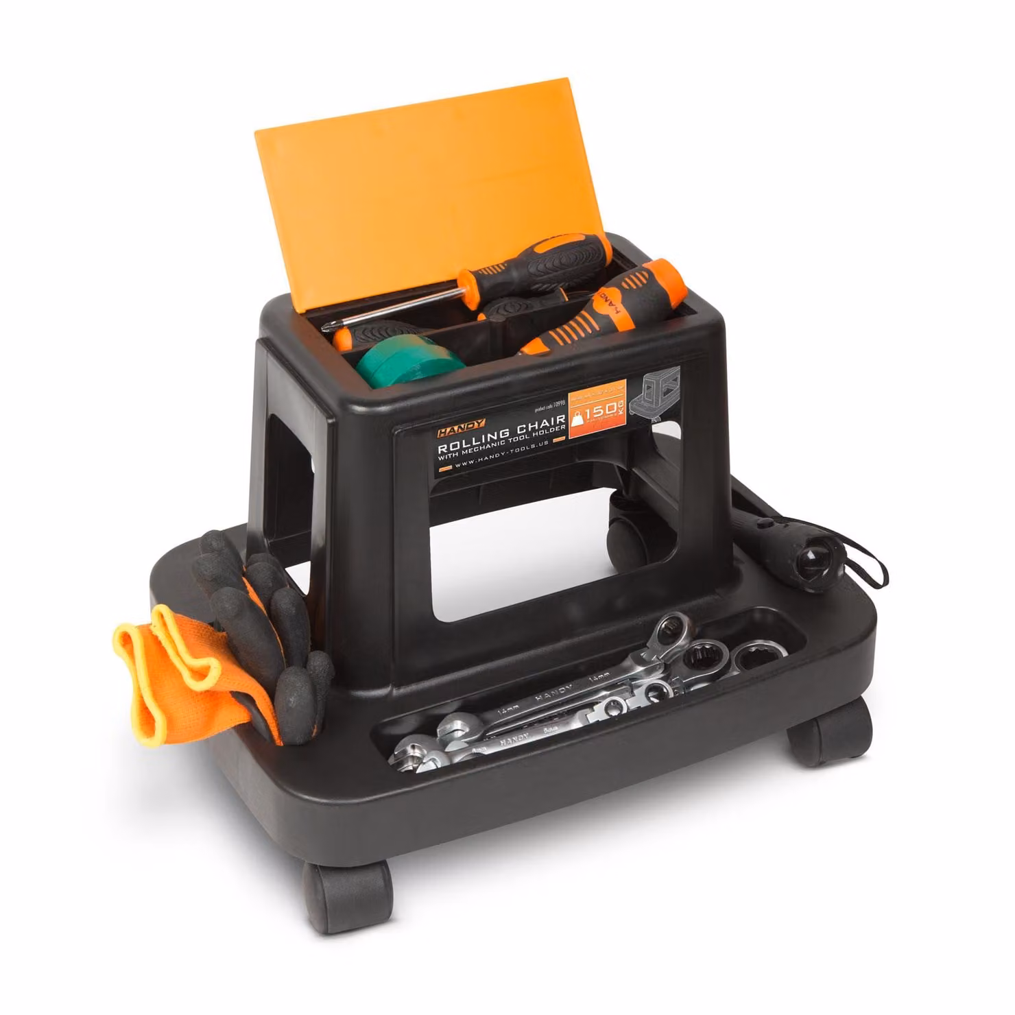 Sgabello meccanico mobile con portautensili - Sedia da lavoro in plastica su ruote con vani portaoggetti - Rotazione a 360°, senza freno - Capacità di carico fino a 150 kg - Ideale per lavori in officina, automotive e di assemblaggio [10998]