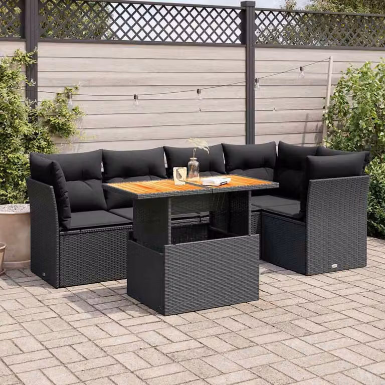 Set Divano da Giardino vidaXL 6 pz in Polyrattan e Legno di Acacia Oliato, Nero
