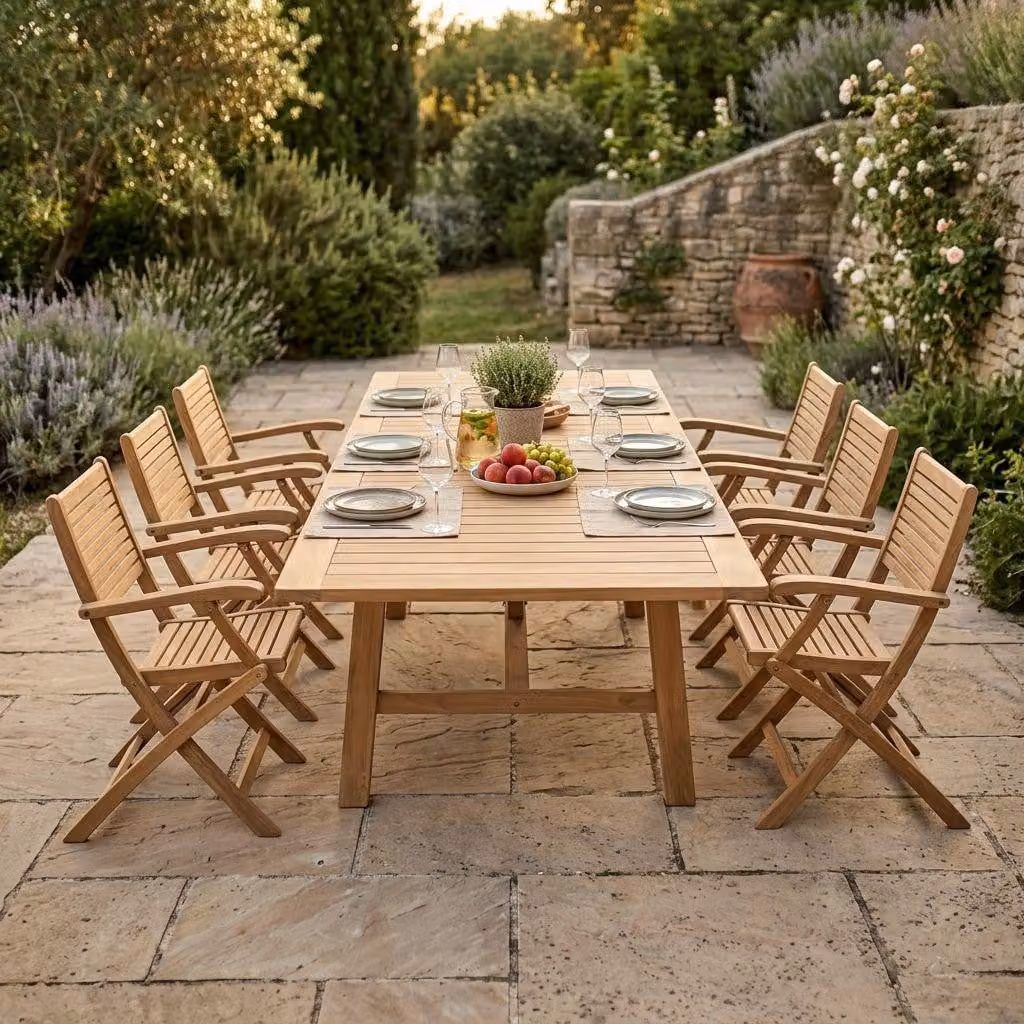 Milani Home - Set tavolo e sedie da giardino per esterno in legno resistente di teak cm 160/240x90x77 h con 6 sedute - Marrone