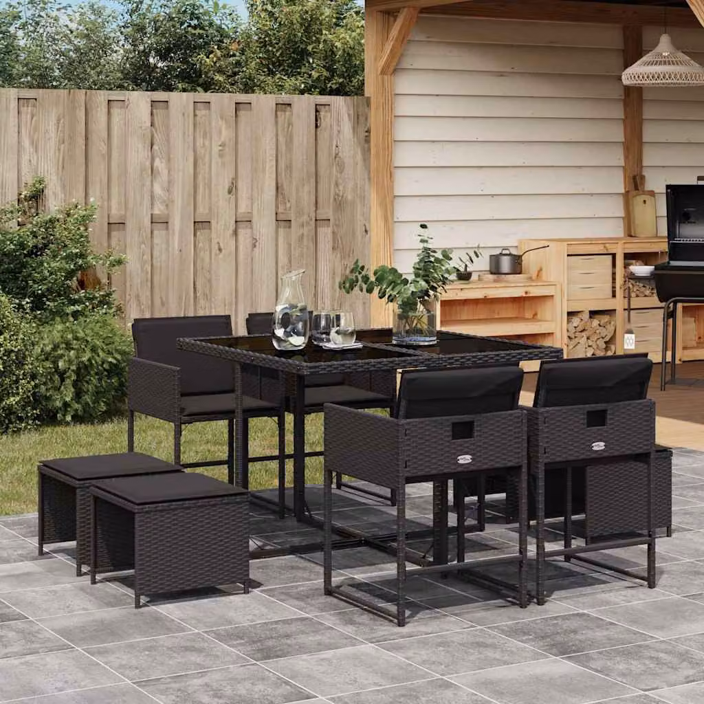 Set da pranzo da giardino vidaXL in polyrattan nero con cuscini e tavolo in vetro, 9 pezzi