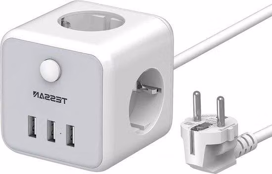 Scatola multipresa cubica con 3 prese e 3 porte USB - Adattatore multipresa - Interruttore - Stazione di ricarica USB - Prese da tavolo per telefono - Per casa e ufficio - 15 m - Grigio
