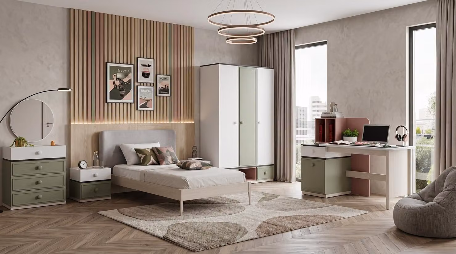 Camera da letto moderna per adolescenti, in tonalità grigio: letto, armadio, cassettiera, scrivania