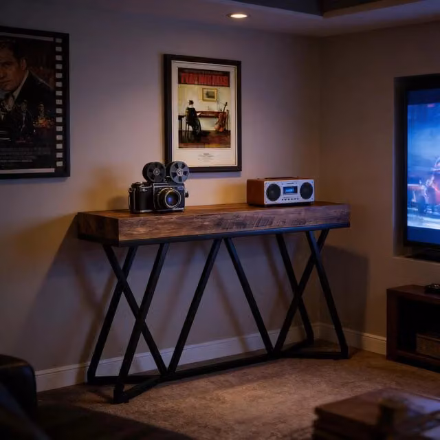 Consolle da ingresso Mivray in stile industrial con piano effetto legno marrone e struttura in metallo nero, L: 140 cm, P: 30 cm