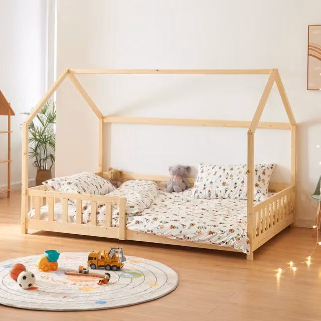 Letto Piazza e Mezza per Cameretta a Forma di Casetta en.casa in Legno di Pino Naturale L/P/H: 200 x 120 x 126 cm