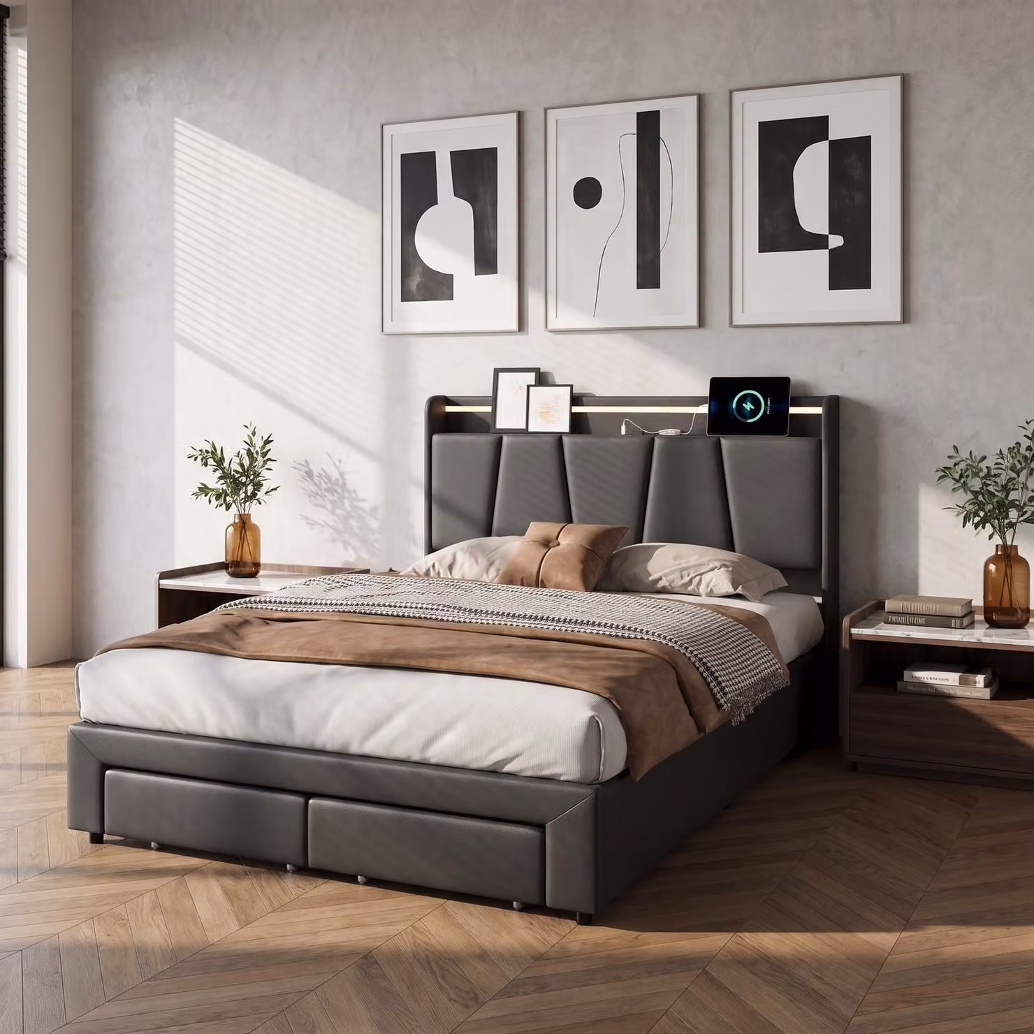 Letto imbottito INONEFT, 140x190 cm, con spazio contenitore, letto per ragazzi con funzionalità di ricarica (USB e Type-C), letto a molle con LED e rete a doghe, tessuto in lino, colore grigio