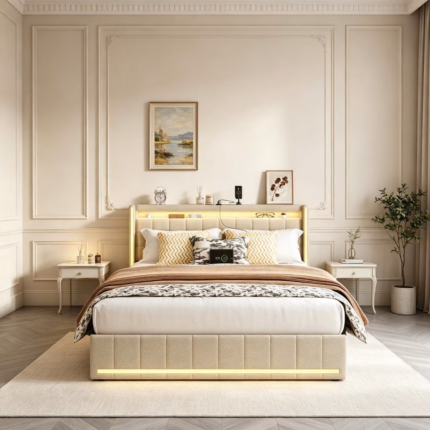 Letto matrimoniale INONEFT 140 x 200 cm con 4 cassetti, letto imbottito con testiera LED e funzione di ricarica USB, struttura letto per ragazzi con rete a doghe, colore lino, beige