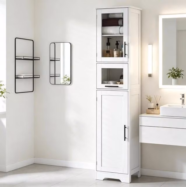 Colonna per bagno in MDF laccato bianco con 1 cassetto, 2 ante e ripiani regolabili 40x31x170 cm