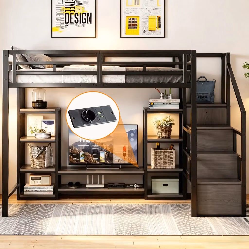 Letto a castello WISHDOR in metallo e MDF con supporto TV, porta USB e scala contenitore, nero, L/P/H: 200 x 140 x 120 cm – 2