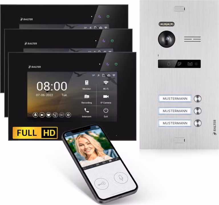 Videocitofono HD con applicazione smartphone per casa trifamiliare, 3x monitor, Balter EVO HD WLAN argento/nero