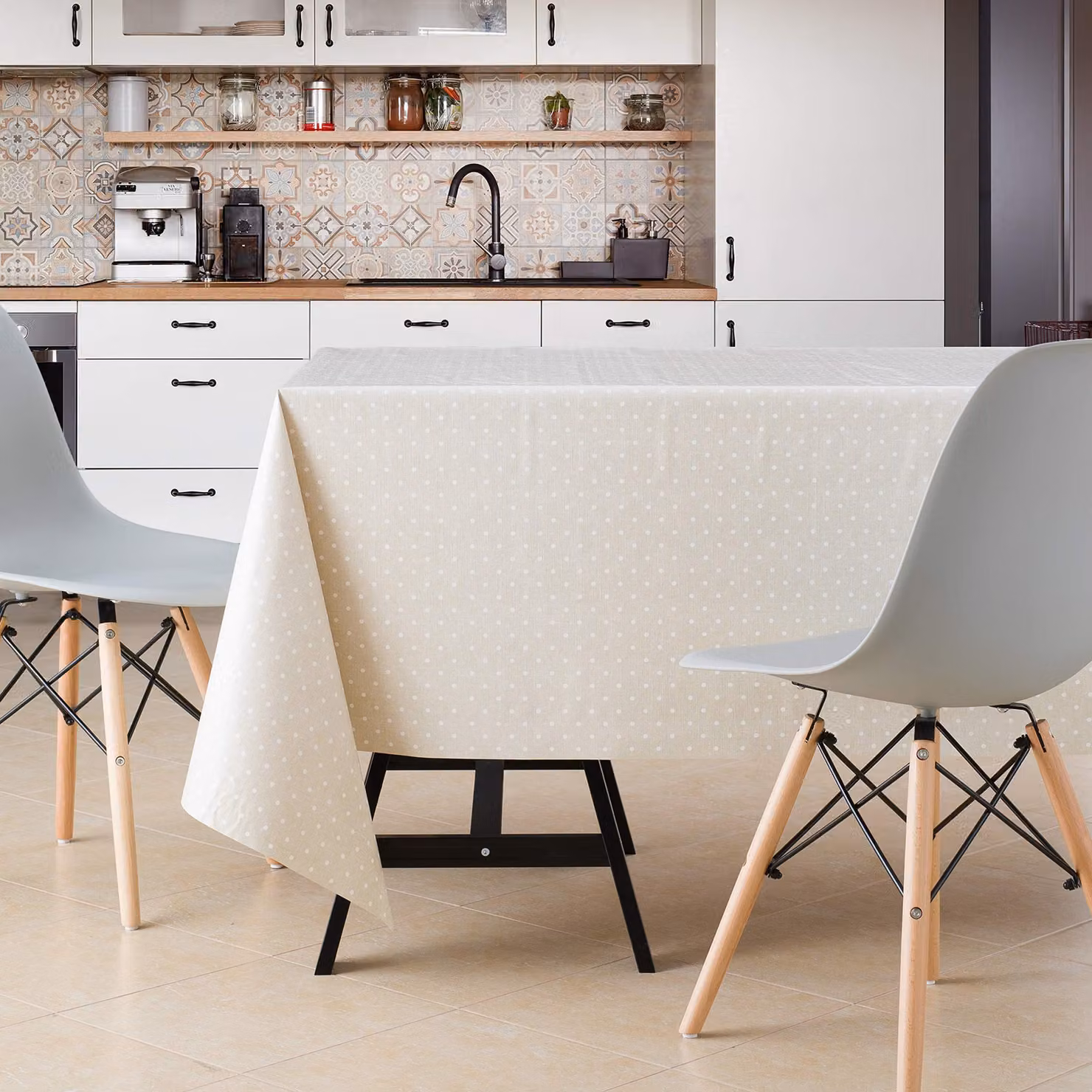 Tavolo da cucina rettangolare in PVC, lavabile, dimensioni 300x140 cm