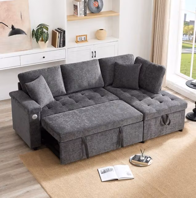 Divano letto angolare destro ULEVR 209x130 cm con contenitore, porta USB e vano laterale, ciniglia grigio scuro