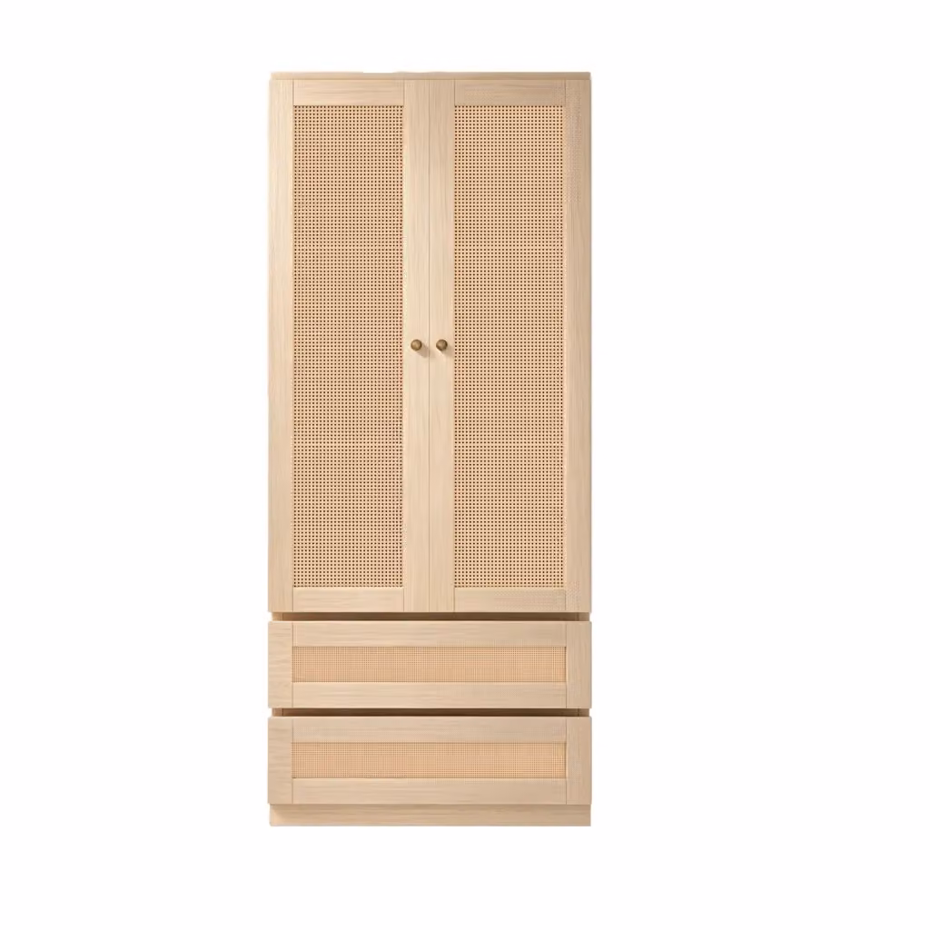 Armadio Chicfurn in stile scandinavo con ante effetto rattan, 2 cassetti e vano contenimento, beige e marrone, L: 70 cm, P: 55 cm, H: 170 cm – 2