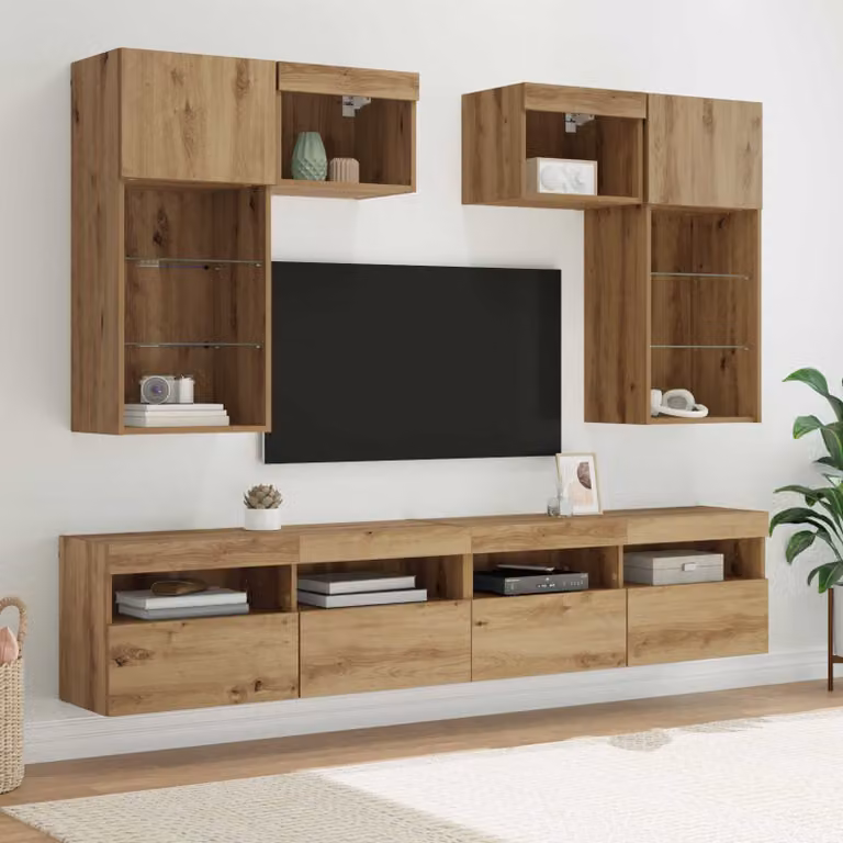 Unità per TV a muro moderna vidaXL in legno e vetro, marrone, composta da 6 pezzi con illuminazione integrata