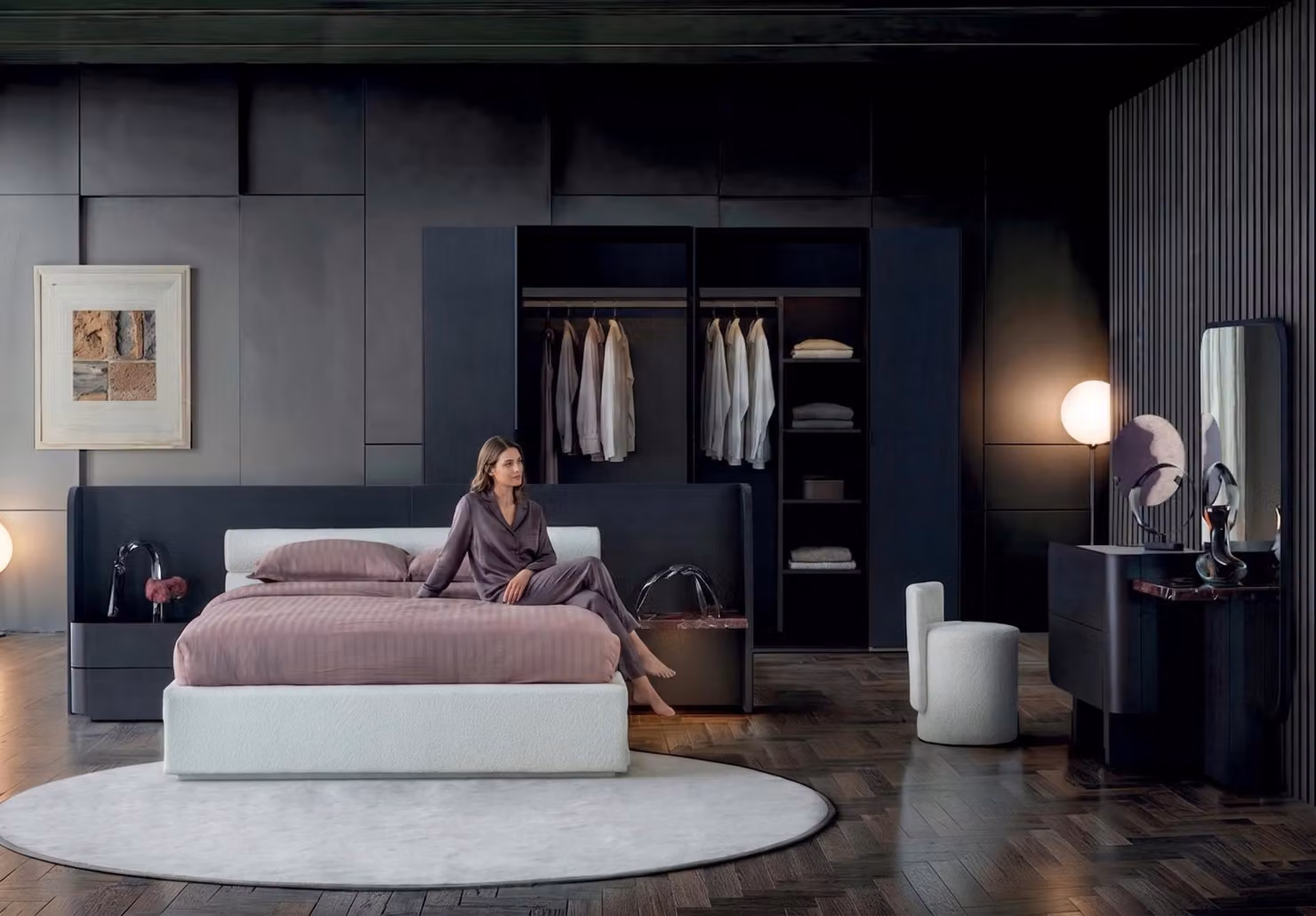 Set completo per camera da letto moderno, nero e bianco, composto da letto e comodino