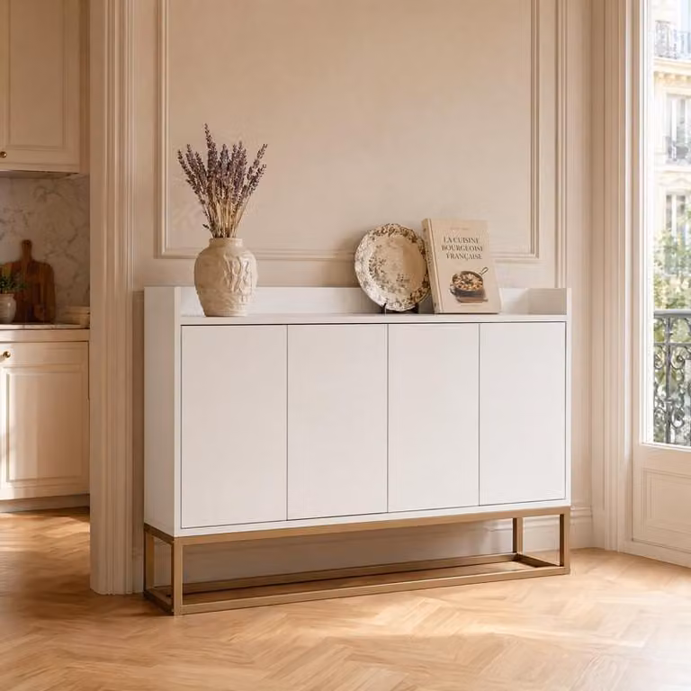 Mobile contenitore ProximaX, bianco, 120x30x80 cm, con 4 ante, spazio contenitivo e struttura in metallo dorato