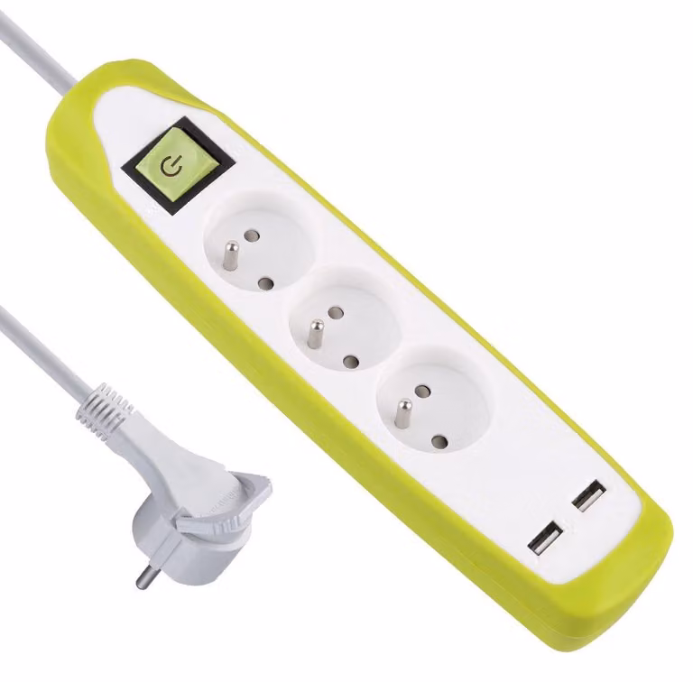 Multipresa Electraline Gummy a 3 prese con 2 porte USB, copertura in silicone, cavo da 2 m