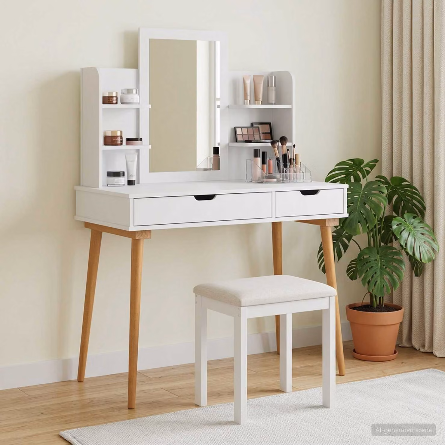 Set Tavolo da Trucco vidaXL FAUSKE 4 pz Bianco L/P/H: 100 x 50 x 143 cm