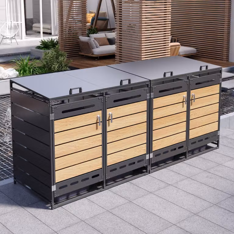 Contenitore per bidoni Moonbite, 4 scomparti, larghezza 262 cm, armadietto per bidoni con coperchio a sistema idraulico, listelli orizzontali effetto legno, serratura, ferro, colore nero