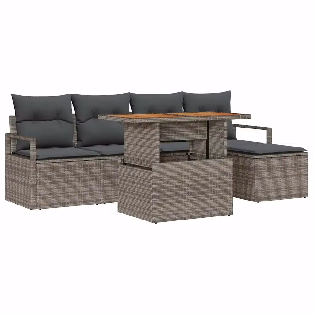 Set Divano da Giardino vidaXL 6 Pezzi Grigio con Tavolino, Ottoman e Cuscini in Rattan e Metallo – 2