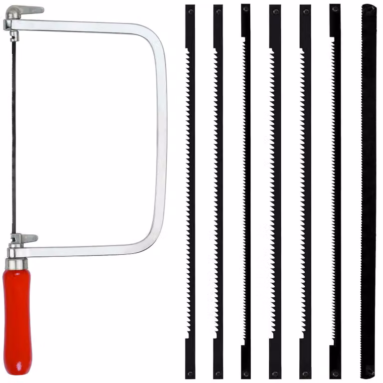 Set per seghetto da modellismo, comprensivo di 7 lame e guide per seghetto, adatte per metallo e legno, con rotazione a 360 gradi