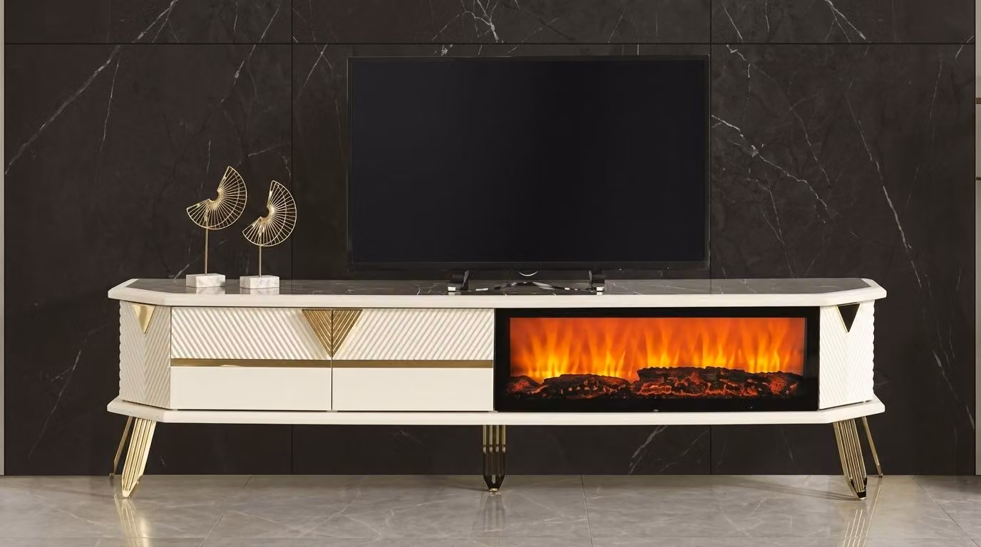 TV Board Stil modern weiß Kamin geräumig praktisch Wohnzimmer komfortabel