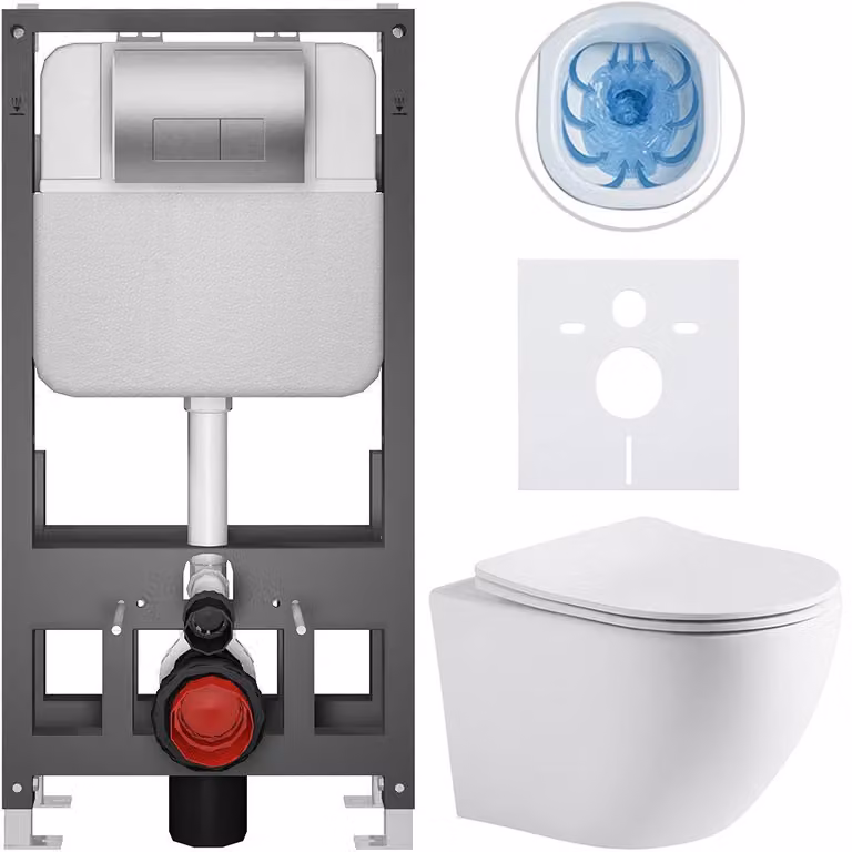 Set completo per WC a pavimento "Cesso" - bianco opaco - pulsante Prime/Modulo, argento - modello autoportante - installazione a parete/con pannelli di cartongesso - dimensioni 49x36 cm