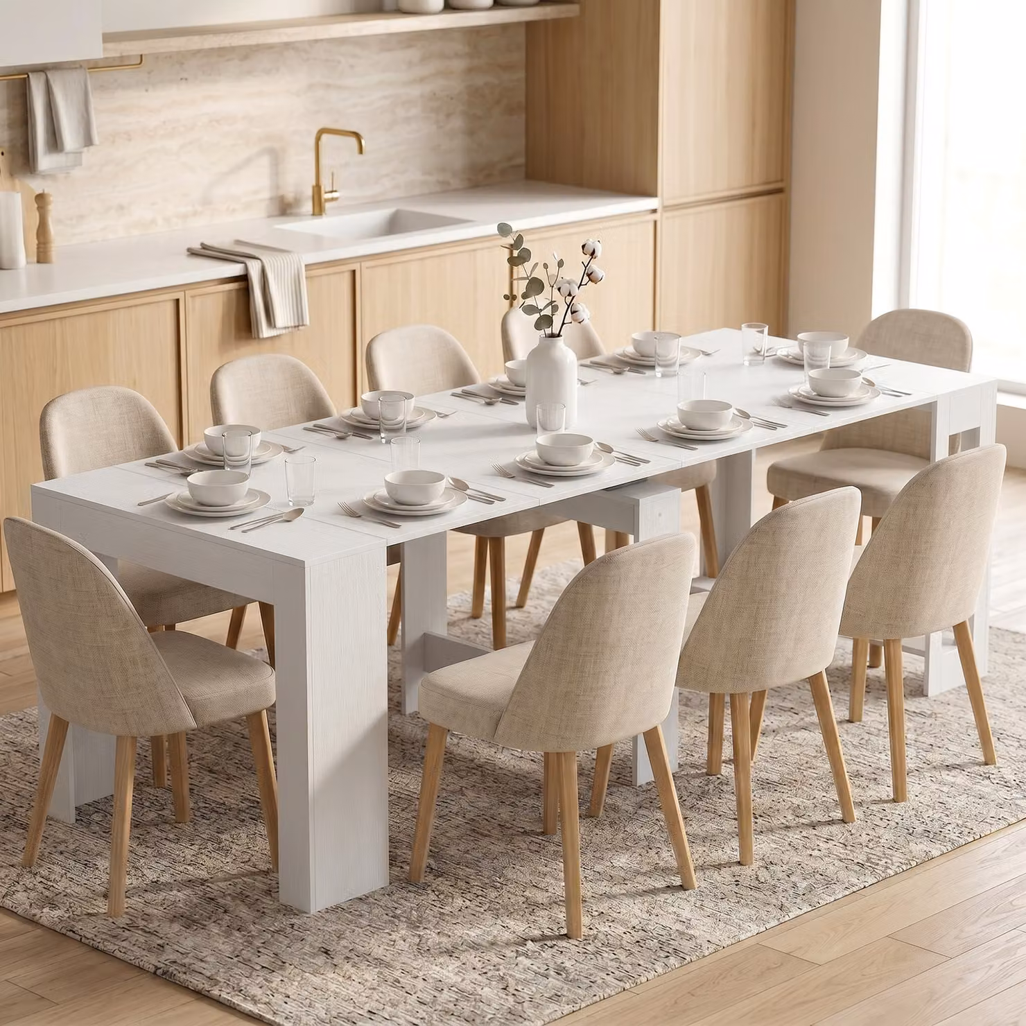 Tavolo estensibile HOMCOM convertibile in console per 10 persone, bianco, design moderno rettangolare in MDF laminato – 2