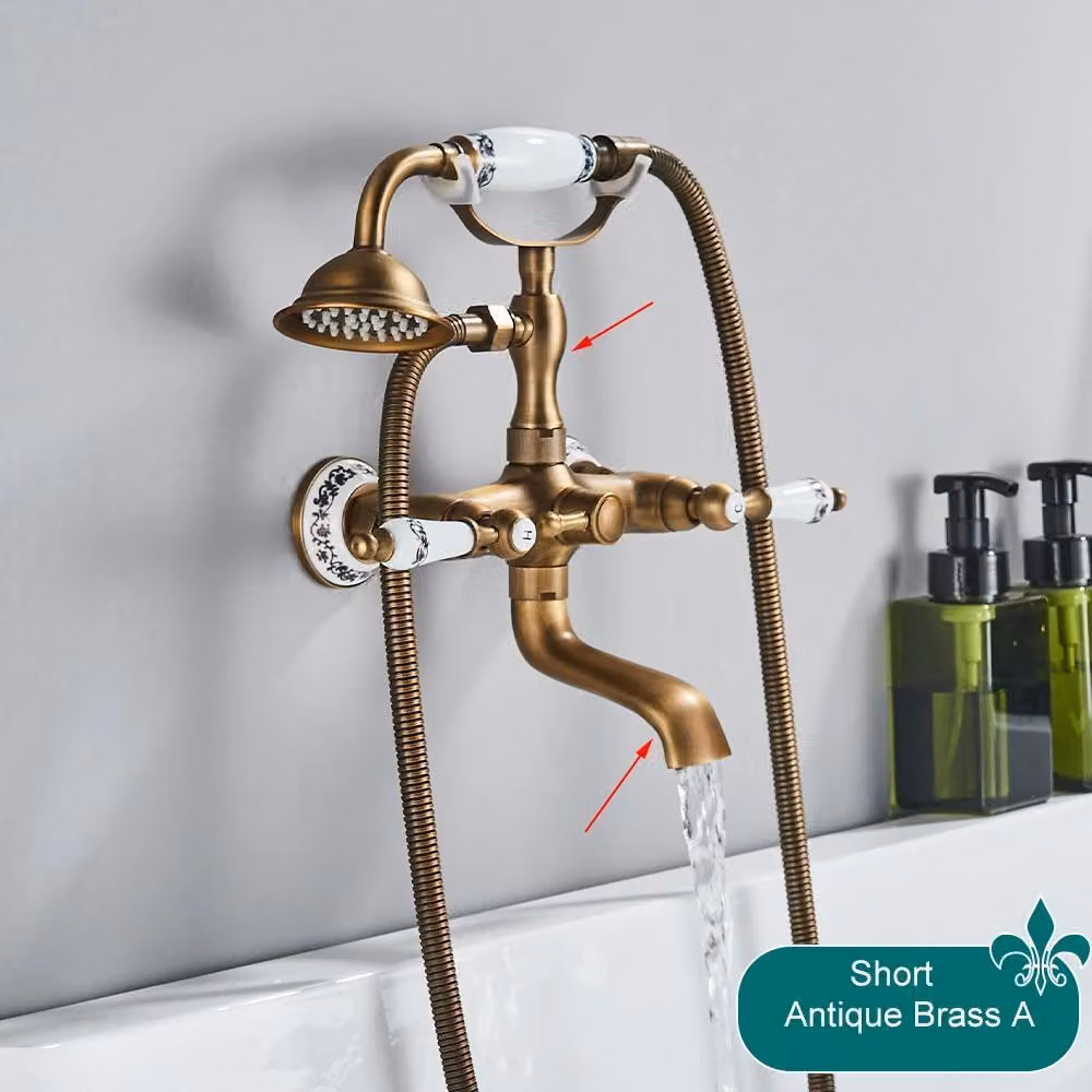 Rubinetto per vasca da bagno Telefonstil con erogatore a cascata, set doccia monocomando, per acqua calda e fredda, in ottone anticato spazzolato