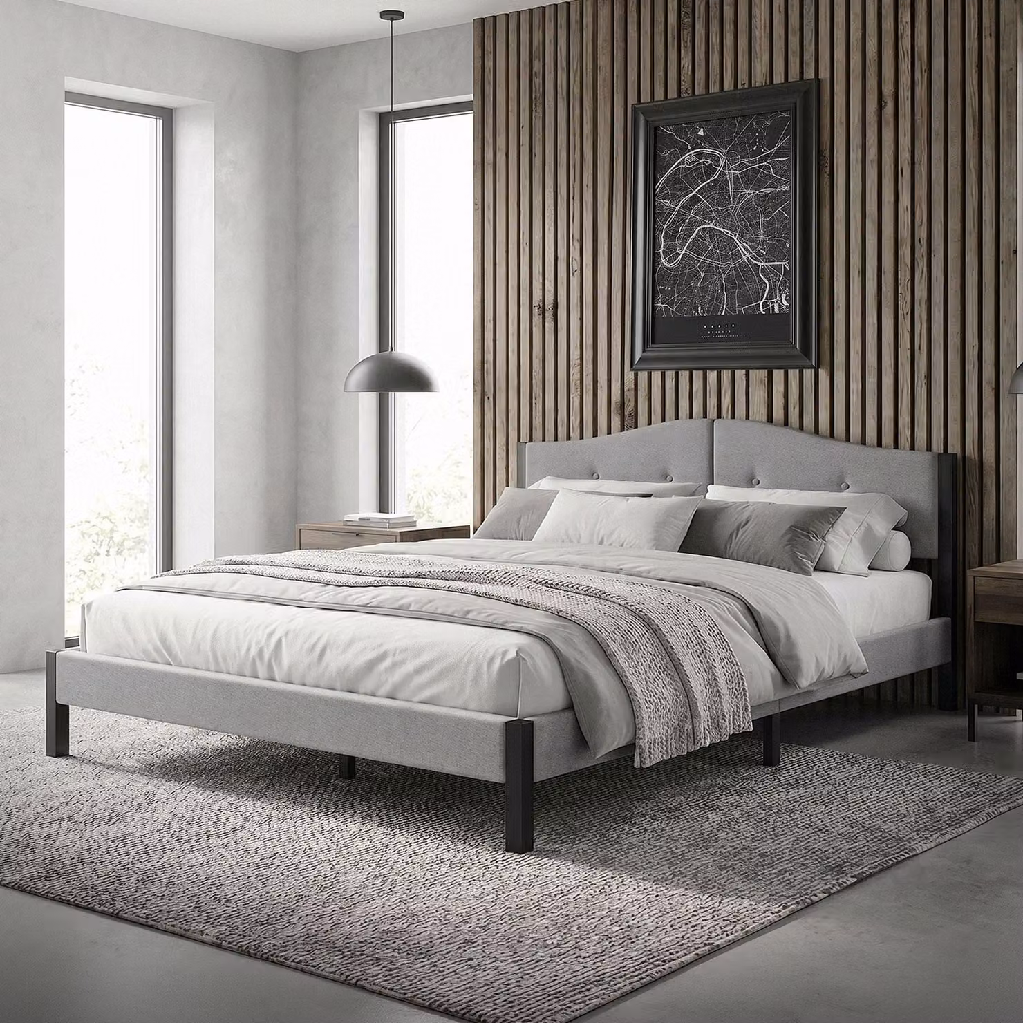 Letto imbottito ML-Design 160x200 cm, grigio. Letto matrimoniale con solida struttura, testiera e rete a doghe. Letto moderno per ragazzi rivestito in tessuto di lino.